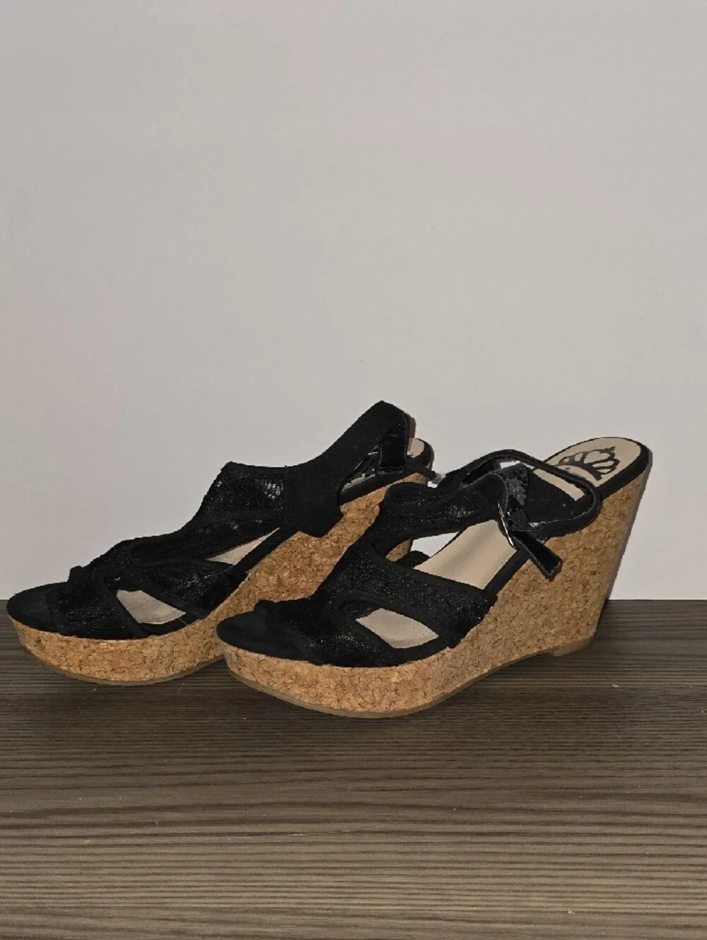 Fergalicious Black Lace Wedge Sandals with Cork Platform #116